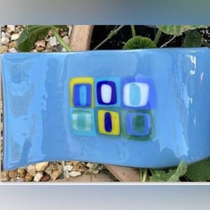 Mermaids Door”Design Handmade Fused Art Glass Wave  Glass 10”x 5” Blue